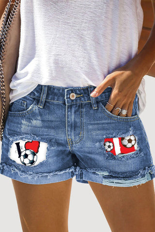 I Love Soccer Print Ripped Denim Shorts