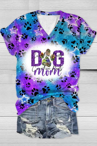 Cute Dog Paw Roaming The Milky Way Starry Sky Dog Mom Print V Neck T-shirt