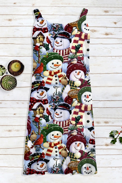 Retro Christmas Snowman Print Sleeveless Dress