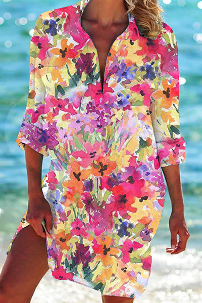 Beach Vacation Romantic Ink Flower Loop Patch Front Pockets Shirt