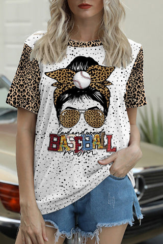 Loud and Proud Baseball Mom Leopard Round Neck Short Sleeve T-shirt