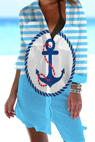 Beach Stripe Anchor Patch Front Pockets Shirt