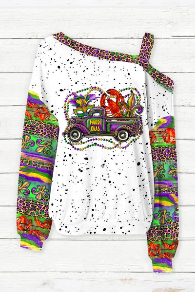 Mardi Gras Truck With Mask Fleur De Lis And Crawfish Western Leopard Print Off-Shoulder Blouse