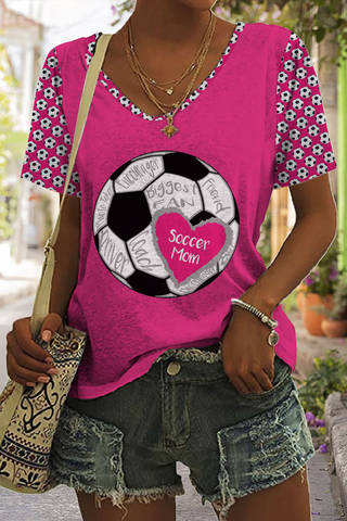 Soccer Mom In Heart Print V-neck T-shirt