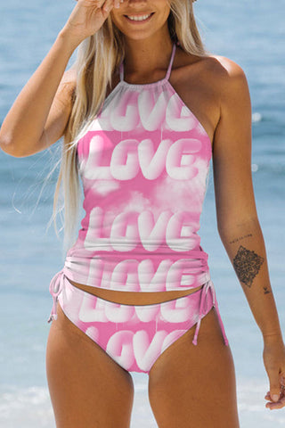 Gradient Pink Love Clouds Print Halter Swimsuit