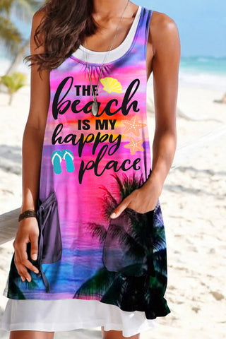 Vacation Series Romantic Seaside Sunset Palm Trees The Beach Is My Happy Peace Mock Two-Piece Tank Dress with Pockets
