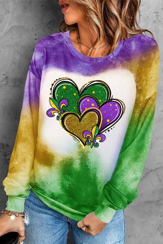 Mardi Gras Glitter Hearts Print Tie Dye Bleached Long-Sleeved Sweatshirt