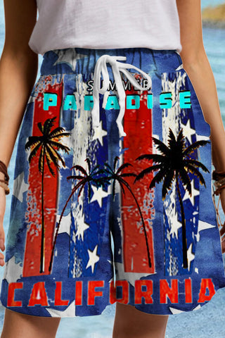 Beach Vacation Vintage Fashion Star & Palm Tree American Flag Drawstring Waist Casual Shorts