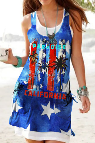 Beach Vacation Vintage Fashion Star & Palm Tree American Flag Mock Two-Piece Tank Dress with Pockets