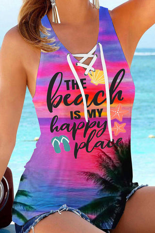 Vacation Series Romantic Seaside Sunset Palm Trees The Beach Is My Happy Peace Lace Up Tank Top