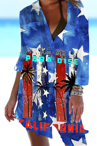 Beach Vacation Vintage Fashion Star & Palm Tree American Flag Patch Front Pockets Shirt