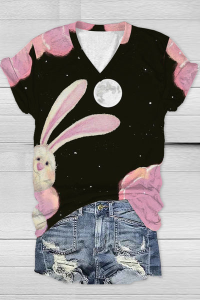 Little Bunny Peeping Under Pink Clouds And Moon At Night V Neck T-shirt