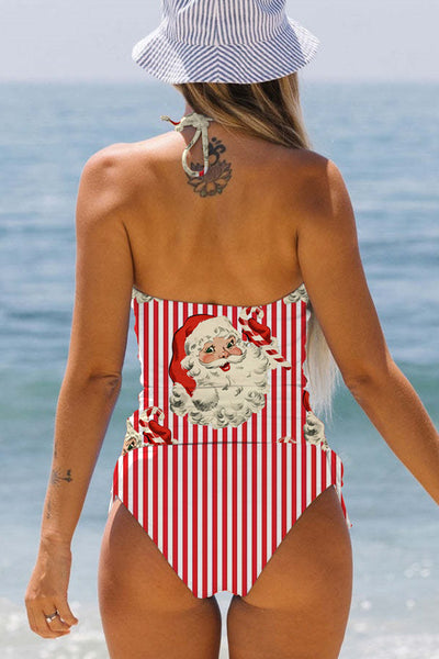 Red Striped Christmas Santa Print Bikini Swimsuit