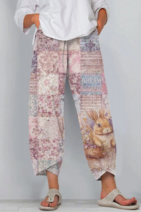 Vintage Painting Poster Easter Bunny Painting Casual Pants
