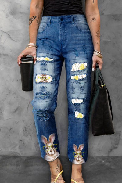 Cute Easter Bunny With Glasses In Easter Eggs Forest Printed Ripped Denim Jeans