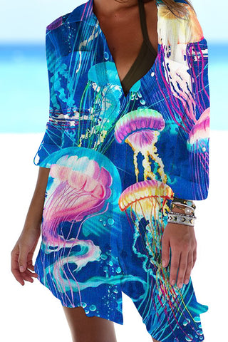 Beach Colorful Jellyfish Patch Front Pockets Shirt