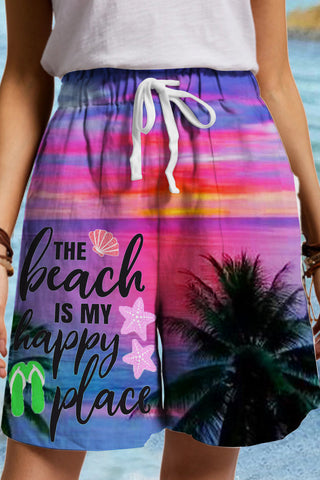 Vacation Series Romantic Seaside Sunset Palm Trees The Beach Is My Happy Peace Drawstring Waist Casual Shorts