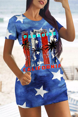 Beach Vacation Vintage Fashion Star & Palm Tree American Flag Short Sleeve Bodycon Dress