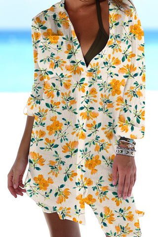 Beach Vacation Retro Idyllic Country Style Orange Warm Floral Printed Patch Front Pockets Shirt