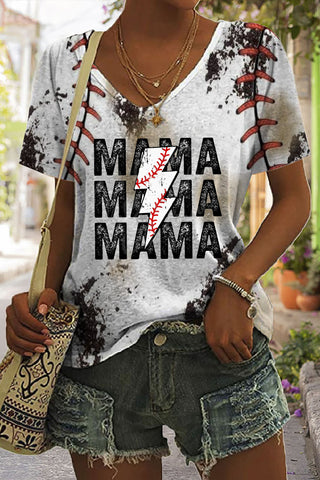 Casual Baseball T-Ball Mama Lightning Bolt Printed V Neck T-shirt