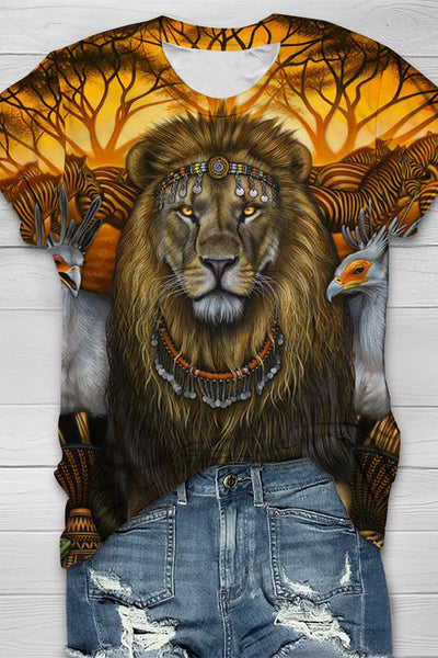 Lion King Print Round Neck Short Sleeve T-shirt