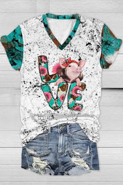 Western Love Pig Print V Neck T-shirt