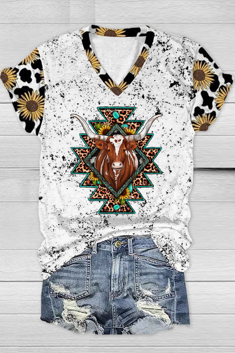 Western Cow Sunflower Print V Neck T-shirt