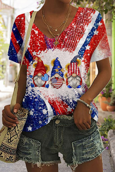 Flag Gnome Print Tie-Dye V Neck T-shirt