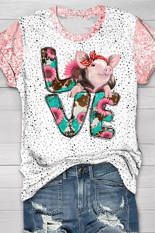 Western Love Pig Print Round Neck Short Sleeve T-shirt