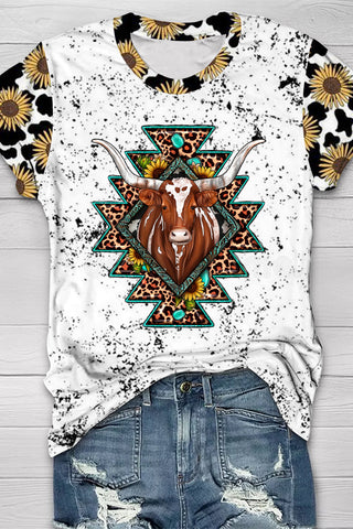Western Cow Sunflower Print Round Neck Short Sleeve T-shirt