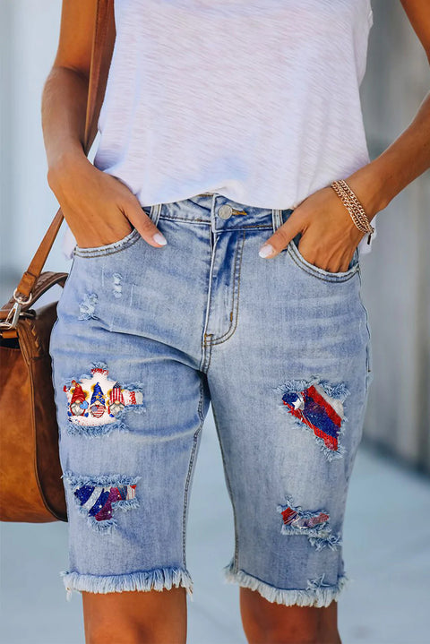 Flag Gnome Print Denim Shorts