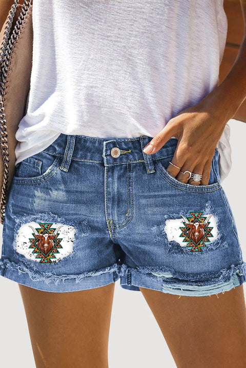 Western Cow Sunflower Print Ripped Denim Shorts