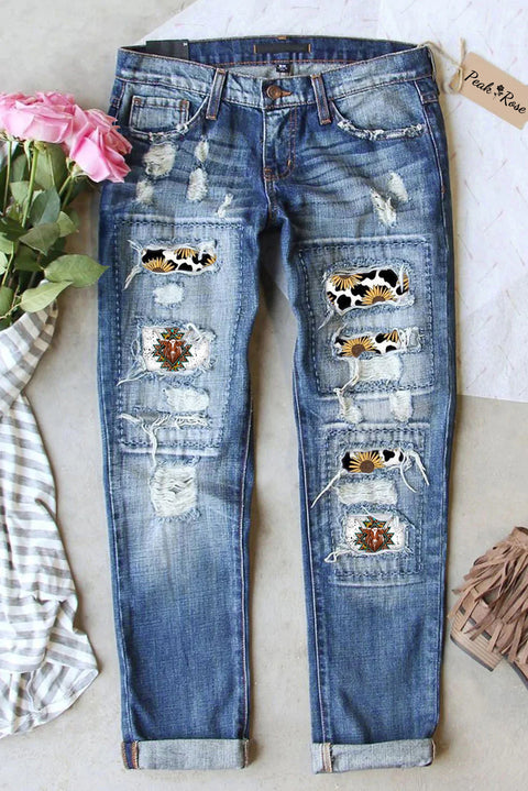 Western Cow Sunflower Print Ripped Denim Jeans