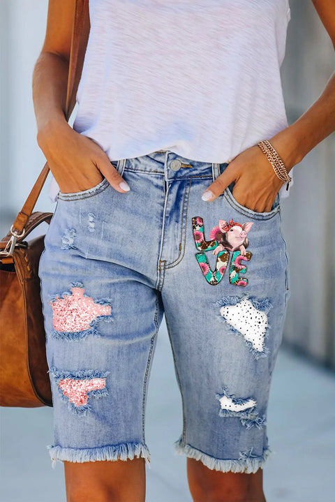 Western Love Pig Print Denim Shorts