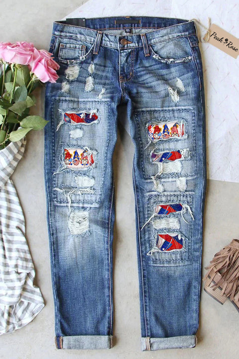 Flag Gnome Print Ripped Denim Jeans