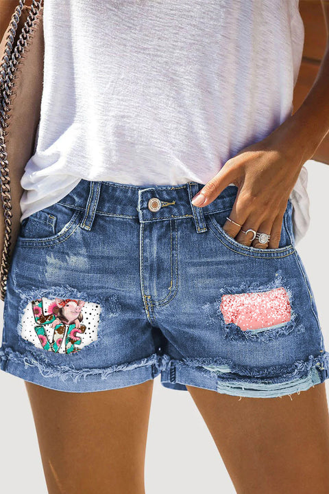 Western Love Pig Print Ripped Denim Shorts