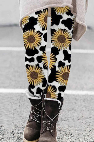Western Cow Sunflower Print Leggings