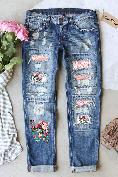 Western Love Pig Print Ripped Denim Jeans