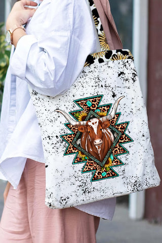 Western Cow Sunflower Print Tote Bag