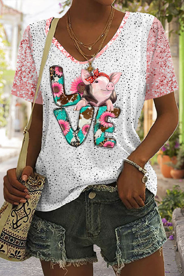 Western Love Pig Print Tie-Dye V Neck T-shirt