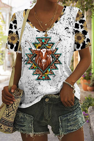 Western Cow Sunflower Print Tie-Dye V Neck T-shirt