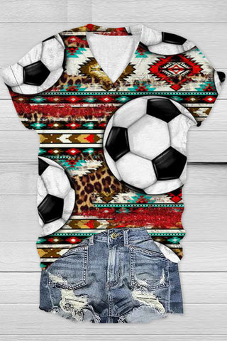 Aztec Soccer Print V Neck T-shirt