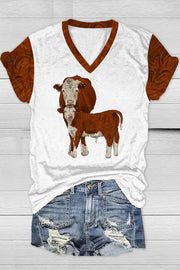 Western Cow Print V Neck T-shirt