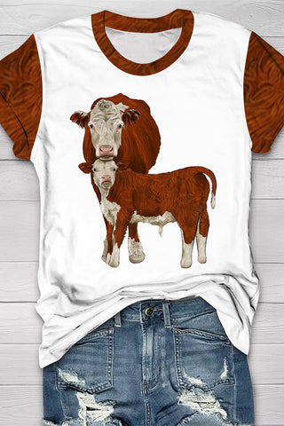 Western Cow Print Round Neck Short Sleeve T-shirt