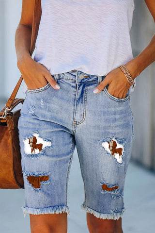 Western Cow Print Denim Shorts