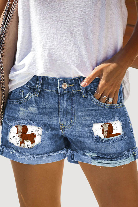 Western Cow Print Ripped Denim Shorts