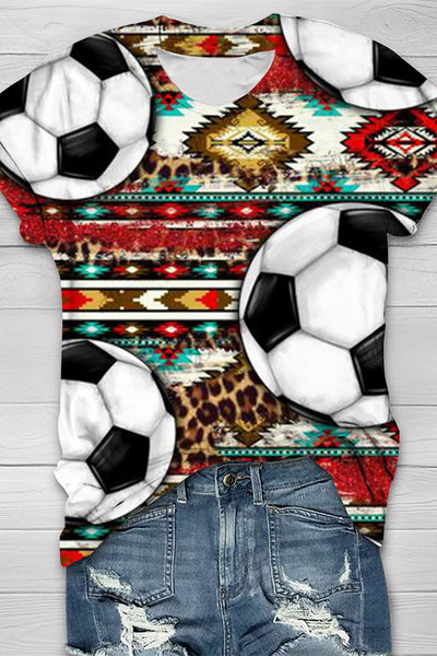 Aztec Soccer Print Round Neck Short Sleeve T-shirt