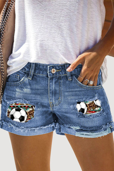 Aztec Soccer Print Ripped Denim Shorts