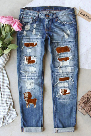 Western Cow Print Ripped Denim Jeans