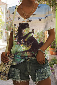 Panther Funny Butterfly Print Tie-Dye V Neck T-shirt